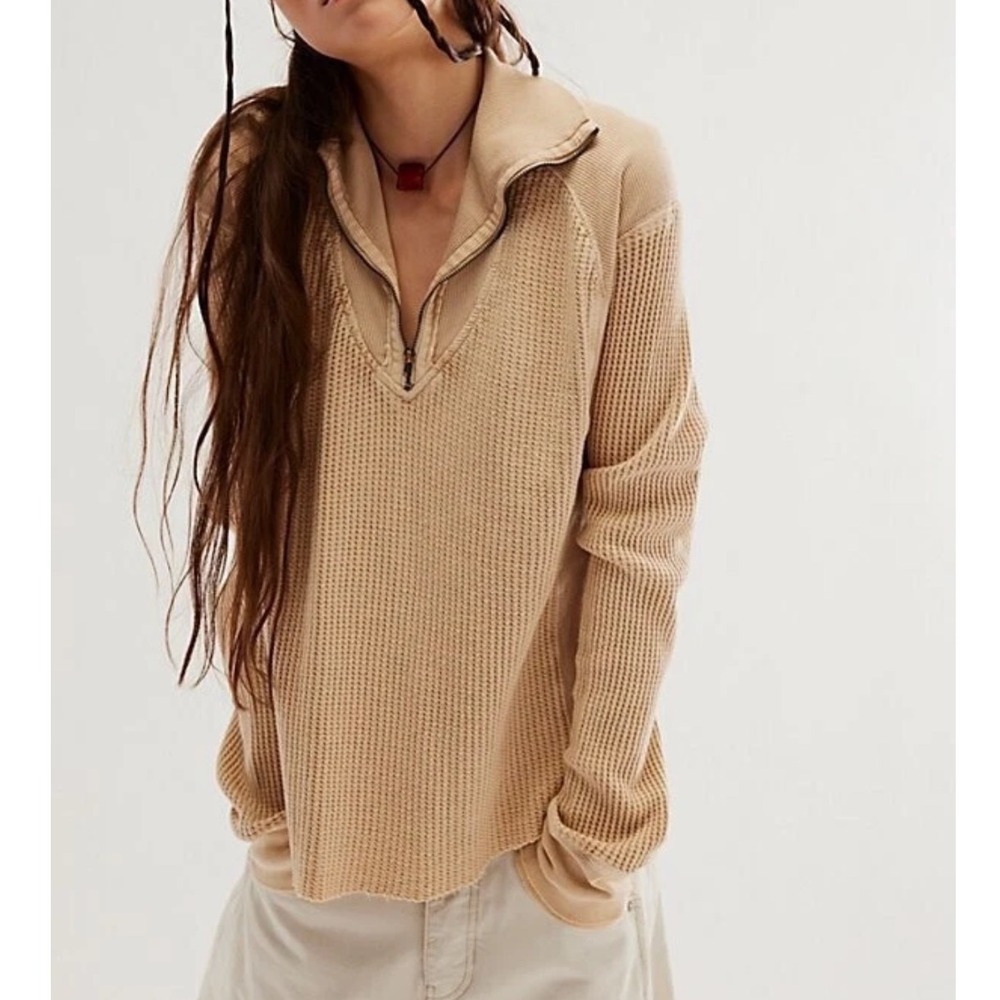 Free People FP One Tan Waffle Knit Quarter Zip Thermal Long Sleeve Top